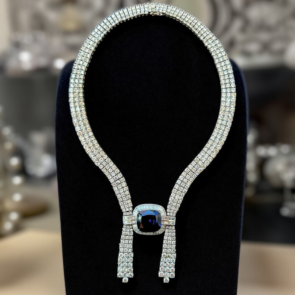 Vintage French Royal Blue Sapphire Necklace: Silver, CZ, 1990s Glamour